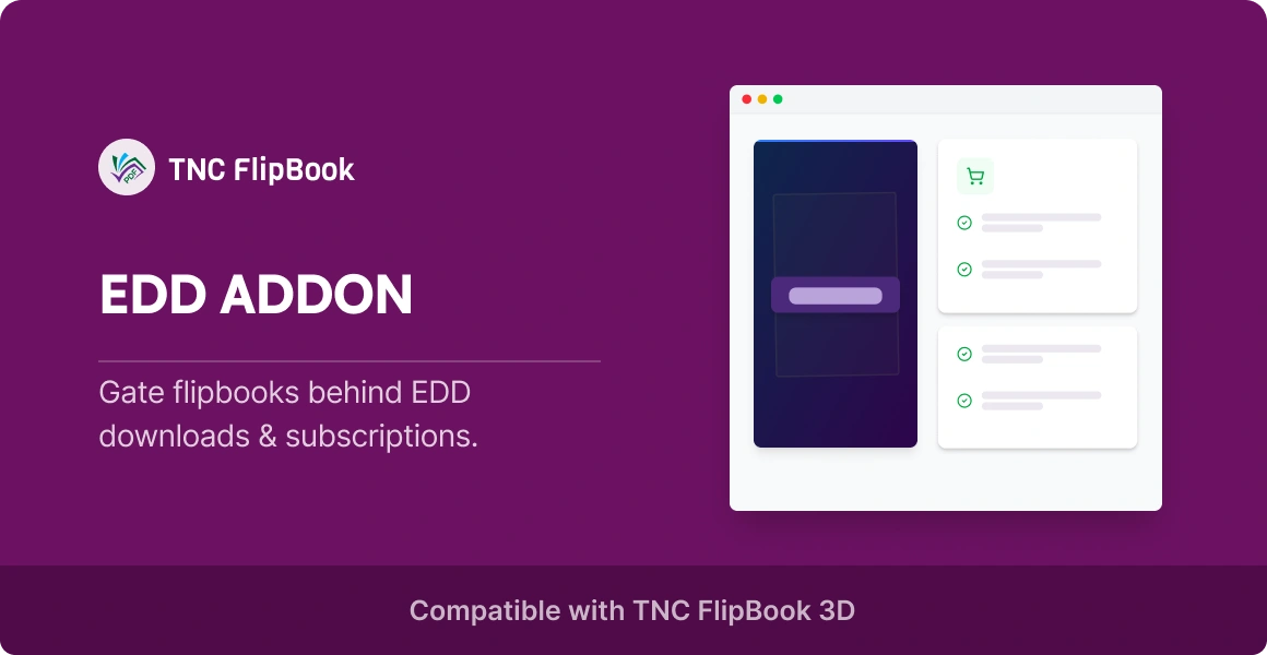 Promotional banner for SureMembers Addon on TNC FlipBook, with a flowchart diagram on the right and a 'Compatible with TNC FlipBook 3D' note.