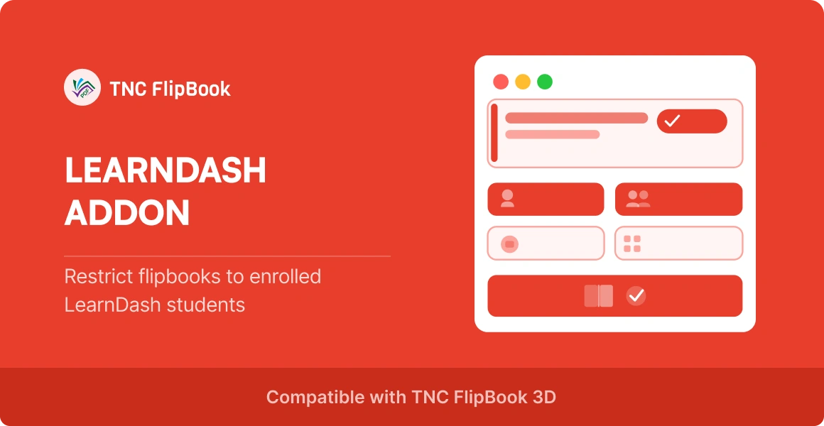 Banner for TNC FlipBook MemberPress Addon: left logo and large text, right mock window with login fields and lock icon, bottom note states compatibility with 3D FlipBook