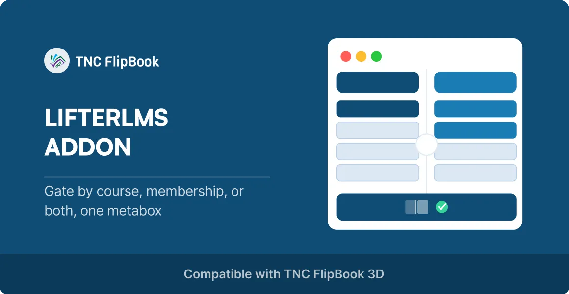 Banner showing TNC FlipBook logo and 'LIFTERLMS ADDON' title with the subtitle 'Gate by course, membership, or both, one metabox'; on the right is a white UI window with blue blocks and a checkmark at the bottom.