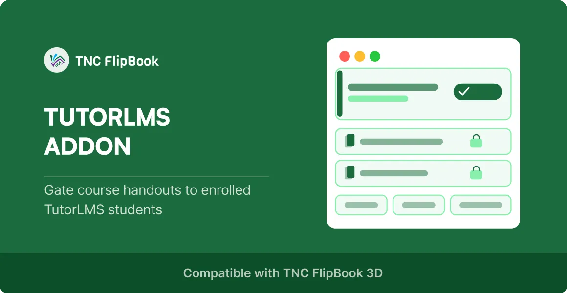Green promotional banner with TNC FlipBook logo, the title 'TUTORLMS ADDON', subtitle about gate course handouts for TutorLMS students, and a white UI illustration on the right.