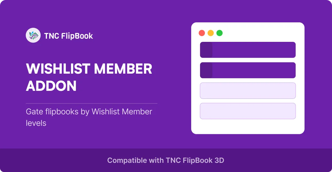 Promo banner for TNC FlipBook: 'Wishlist Member Addon' on a purple background with a white rounded UI mockup on the right and a bottom compatibility note.