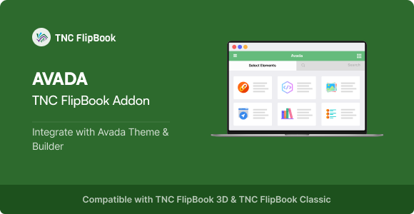 Green banner promoting AVADA TNC FlipBook Addon with a laptop mockup illustrating Avada theme integration.