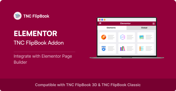 Banner for Elementor TNC FlipBook Addon, showing a laptop displaying a dashboard on a magenta background.