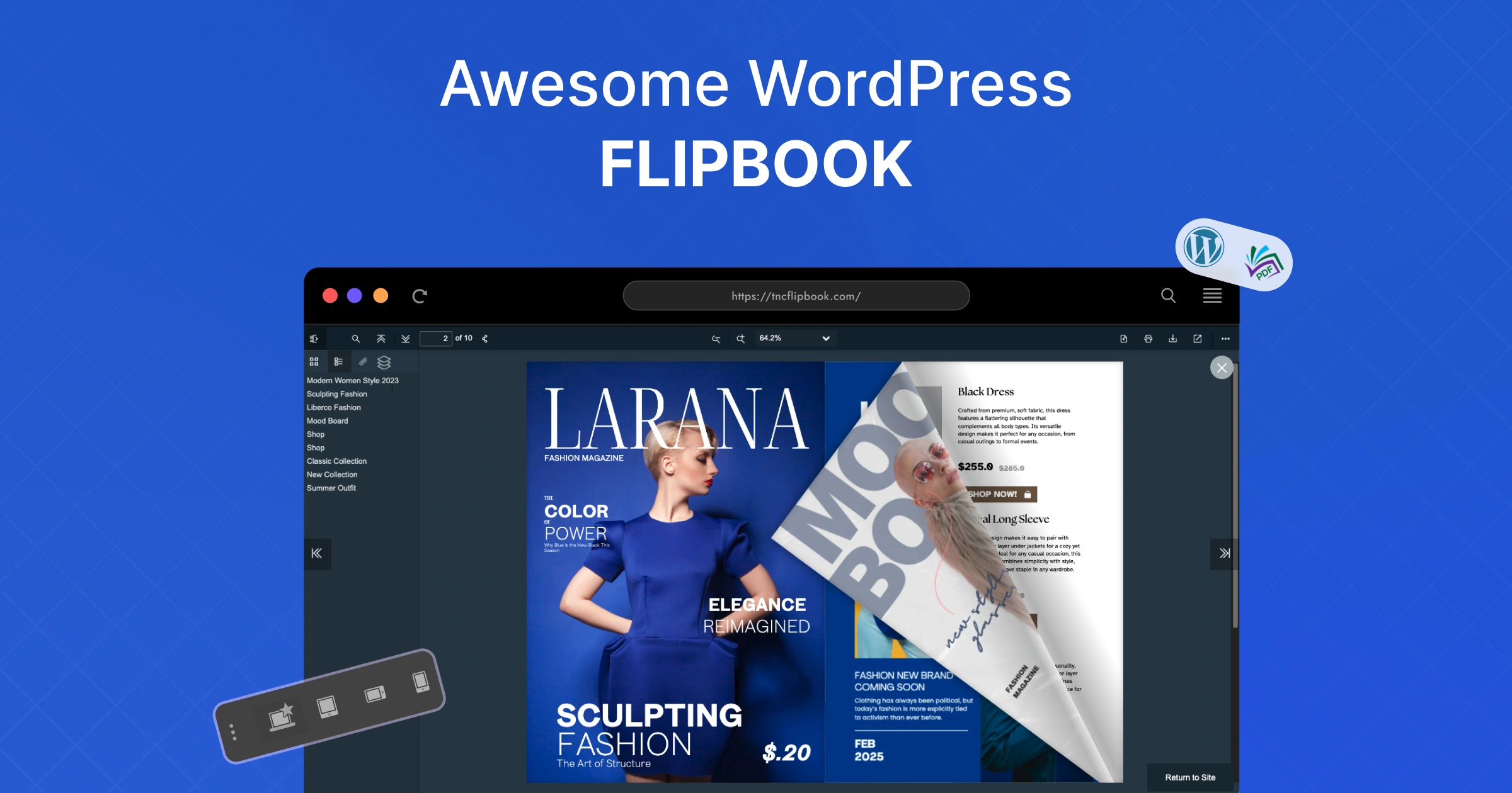 Flip Your PDFs Into Awesome Flipbooks on your WordPress site Promo banner advertising 'Awesome WordPress Flipbook' with a digital magazine preview on a dark editor UI against a blue patterned background.