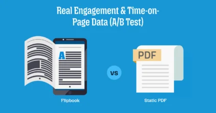 Comparison infographic: flipbook on a smartphone vs a static PDF document with a 'VS' circle, blue background, title about engagement and page data.