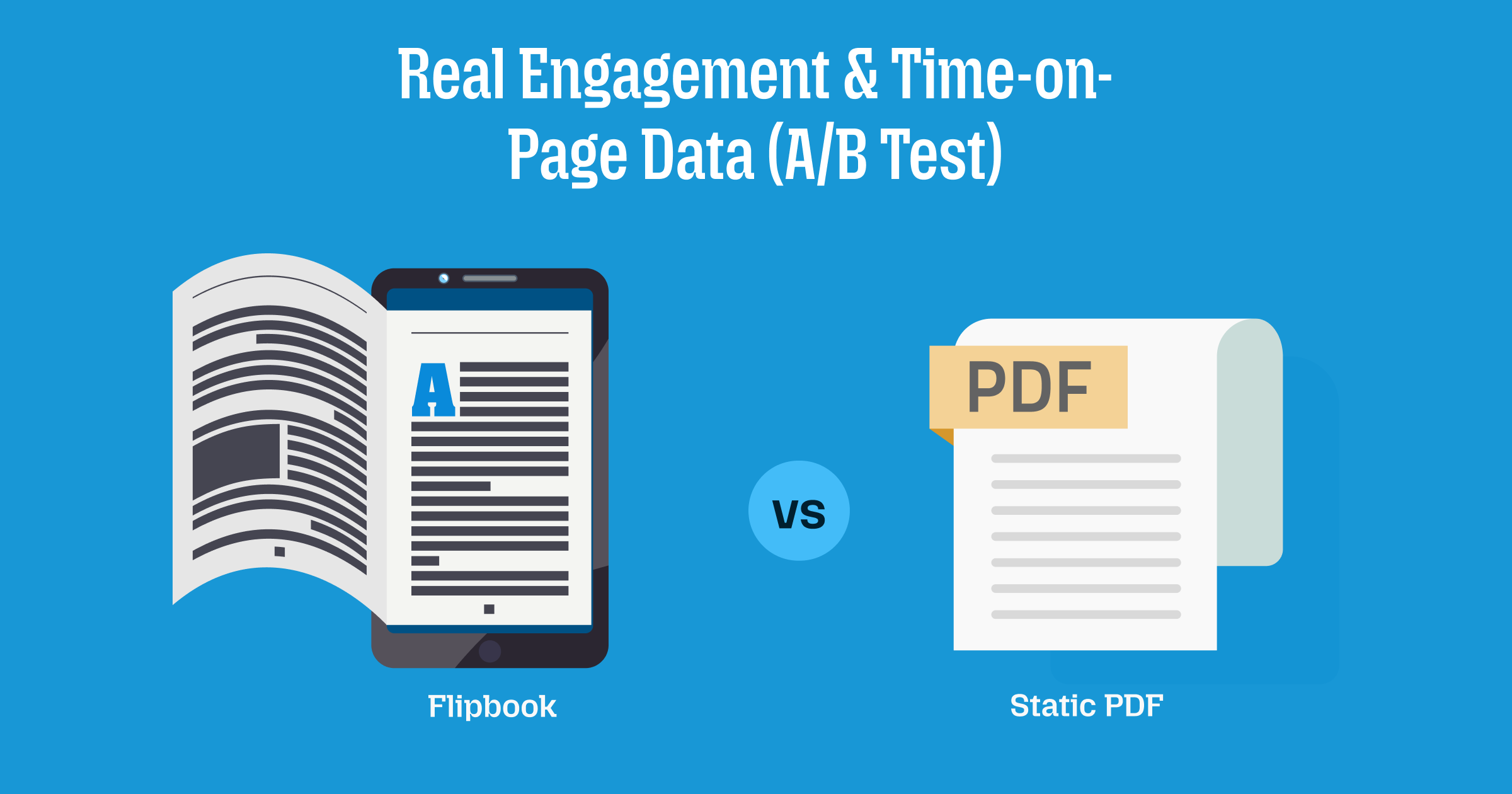 Flipbook vs Static PDF_ Real Engagement & Time-on-Page Data (A_B Test) Comparison infographic: flipbook on a smartphone vs a static PDF document with a 'VS' circle, blue background, title about engagement and page data.