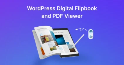 Purple gradient banner reading 'WordPress Digital Flipbook and PDF Viewer' with a floating magazine layout on a tablet and small WordPress/PDF icons nearby, suggesting a digital reading tool.