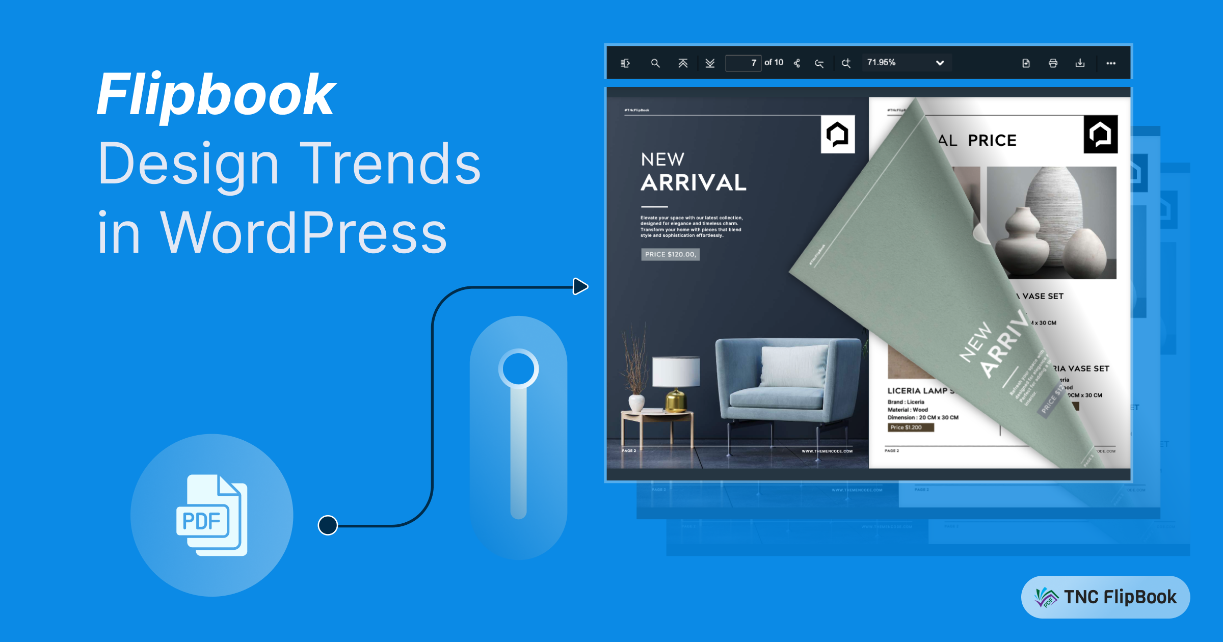 WordPress Flipbook Design Trends You Need to Know for Your Site Blue banner announcing 'Flipbook: Design Trends in WordPress' with a magazine-style flipbook preview on the right.